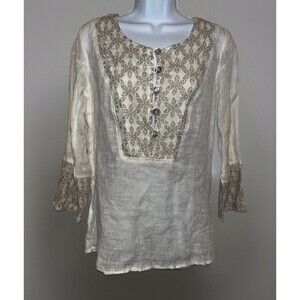 NWT Marilu` (Small) Linen Top Sheer Italy White Embroidered Slit Tunic Button